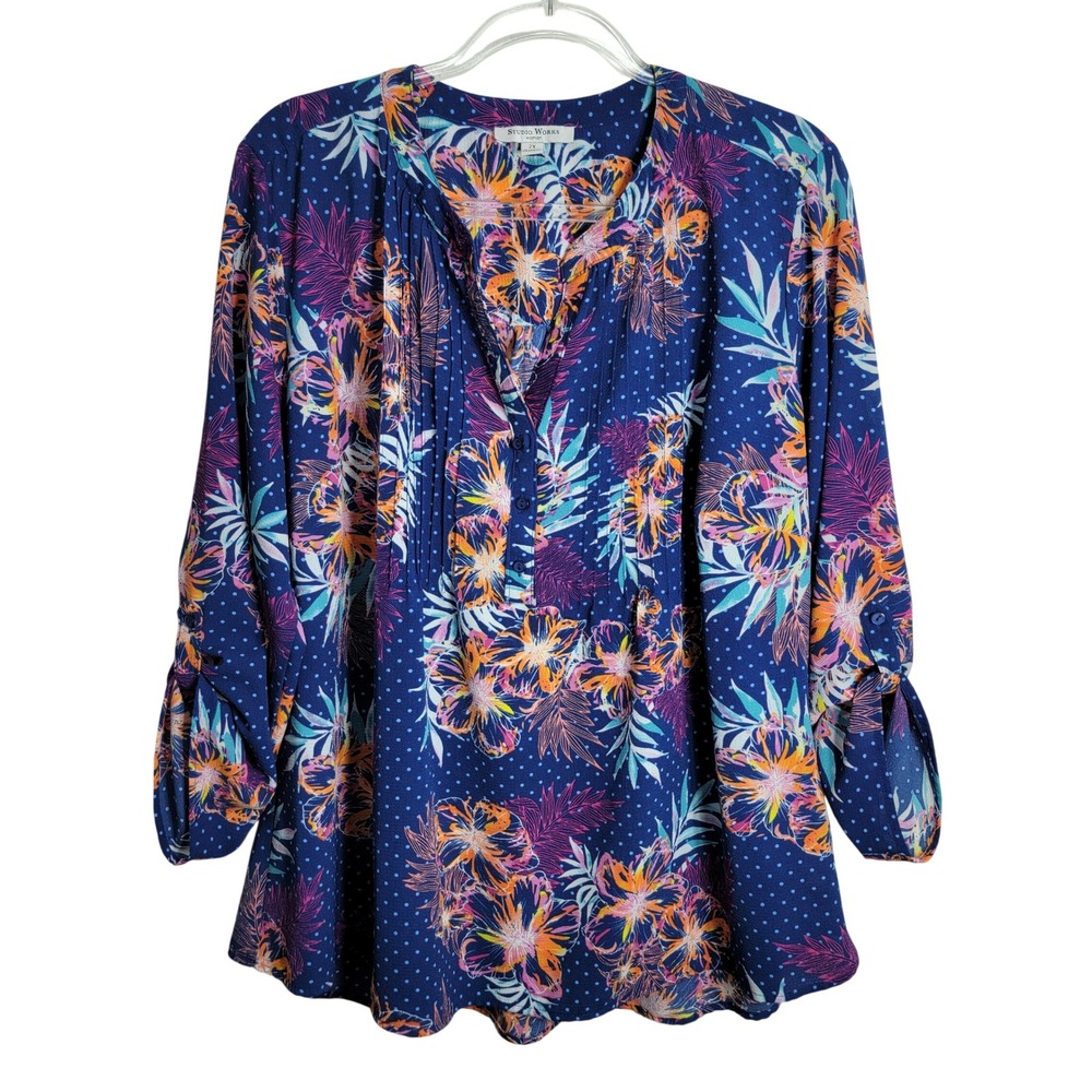 Studio Works Womans 2X Blue Floral Roll Tab Sleeve Tunic Blouse Pullover Top